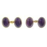 A pair of 1970s 9ct gold amethyst cabochon cufflinks.