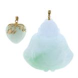 Two jade pendants, to include a heart with three suspended Chinese symbols and a buddha.