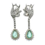 A pair of emerald and diamond drop earrings.