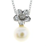 A cultured pearl and brilliant-cut diamond floral pendant, with chain.