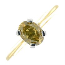 An 18ct gold oval-shape 'greenish yellow' diamond single-stone ring.
