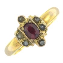 An early 20th century 18ct gold garnet and split pearl dress ring.