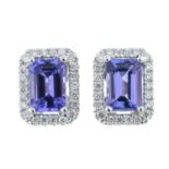 A pair of 18ct gold tanzanite and diamond rectangular-shape cluster earrings.