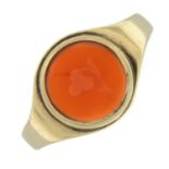 A 9ct gold carnelian floral motif signet ring.