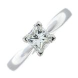 A platinum square-shape diamond single-stone ring.
