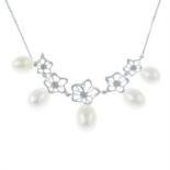 A diamond floral necklace, with graduated cultured pearl fringe.