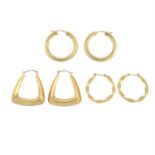 Three pairs of 9ct gold hoop earrings.