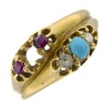 A late 19th century 18ct gold ruby, turquoise and colourless gem ring.