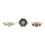 Three 9ct gold gem-set rings.