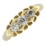 An Edwardian 18ct gold old-cut diamond three-stone ring.