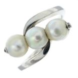 A cultured pearl three-stone dress ring.