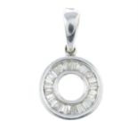 A baguette-cut diamond disc pendant.