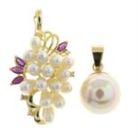 A cultured pearl, diamond and ruby pendant, together with an imitation single pearl pendant.