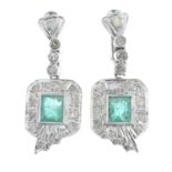 A pair of emerald and single-cut diamond drop earrings.