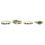 Four 9ct gold sapphire and diamond rings.