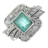 An emerald and single-cut diamond dress ring.