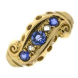 A late Victorian 18ct gold sapphire, blue paste and diamond five-stone ring.