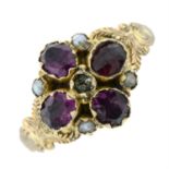 A late Victorian gold foil back garnet, split pearl and colourless paste floral cluster ring.