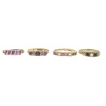 Four 9ct gold ruby and diamond rings.