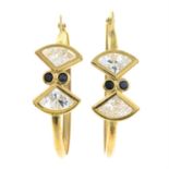 A pair of sapphire and cubic zirconia hoop earrings.