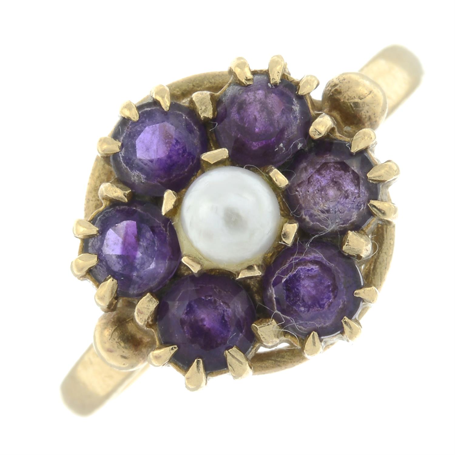 A 9ct gold amethyst and seed pearl dress ring.