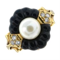 An onyx, cultured pearl and brilliant-cut diamond ring.
