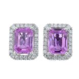 A pair of 18ct gold pink sapphire and diamond rectangular-shape cluster earrings.