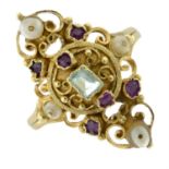 A mid 19th century gold aquamarine, pink sapphire and pearl ring.