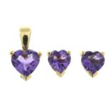 A 9ct gold heart-shape amethyst pendant, with a matching pair of earrings.