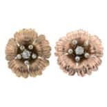 A pair of mid 20th century 14ct gold old-cut diamond and pearl flowerhead earrings.