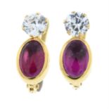 A pair of synthetic ruby and cubic zirconia hinge-back earrings.