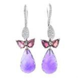 A pair of pavé-set brilliant-cut diamond, pink tourmaline and amethyst drop earrings.