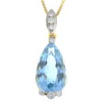 A blue topaz and diamond drop pendant, with chain.