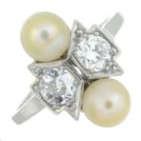 A mid 20th century platinum cultured pearl and old-cut diamond dress ring.