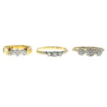 Three diamond three-stone rings.