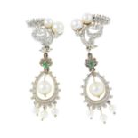A pair of cultured pearl, synthetic emerald and single-cut diamond earrings.