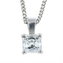 A platinum square-shape diamond single-stone pendant, with 9ct gold chain.