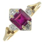 A 9ct gold synthetic ruby and colourless gem ring.