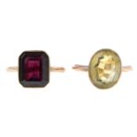 Two early 20th century 9ct gold gem-set single-stone rings.