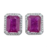 A pair of 18ct gold ruby and diamond rectangular-shape cluster earrings.
