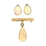 An opal drop bar brooch and a pair of opal stud earrings.