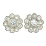 A pair of old-cut diamond cluster earrings.