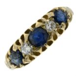 A sapphire and old-cut diamond five-stone ring.