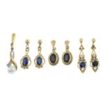Three pairs of gem-set earrings, together with a cultured pearl drop earring.