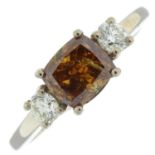 An 18ct gold square-shape 'yellowish brown' diamond and brilliant-cut diamond three-stone ring.