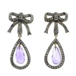 A pair of single-cut diamond and amethyst drop earrings, each with bow surmount.