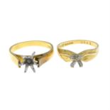 Two 18ct gold single-stone ring mounts.
