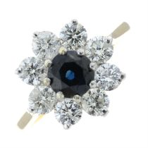 A 9ct gold sapphire and diamond floral cluster ring.