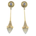 A pair of 9ct gold sapphire and moonstone drop earrings.