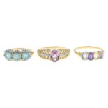 Three 9ct gold gem-set rings.